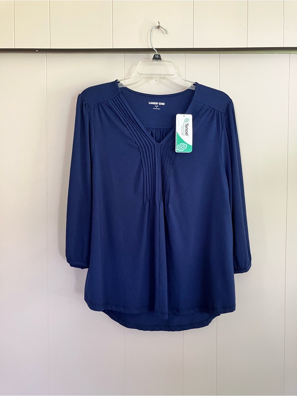 Lands' End Navy Pintuck V-Neck 3/4 Sleeve Blouse Cotton Modal